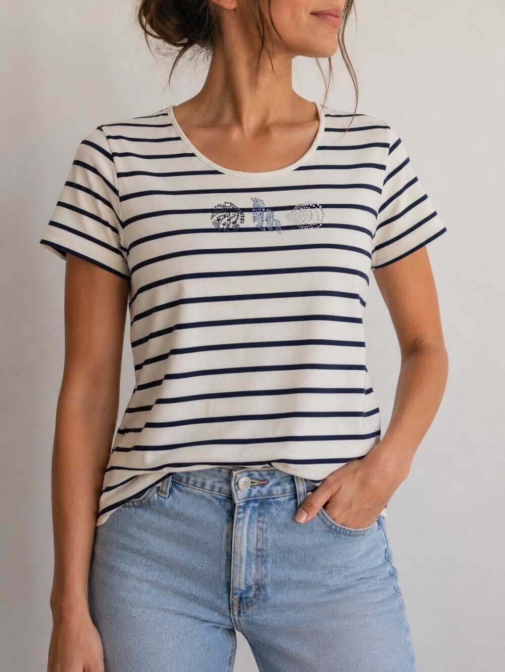 Thalassa Striped Rhinestone Tee Size 3 | White Blue Nautical Short Sleeve Top